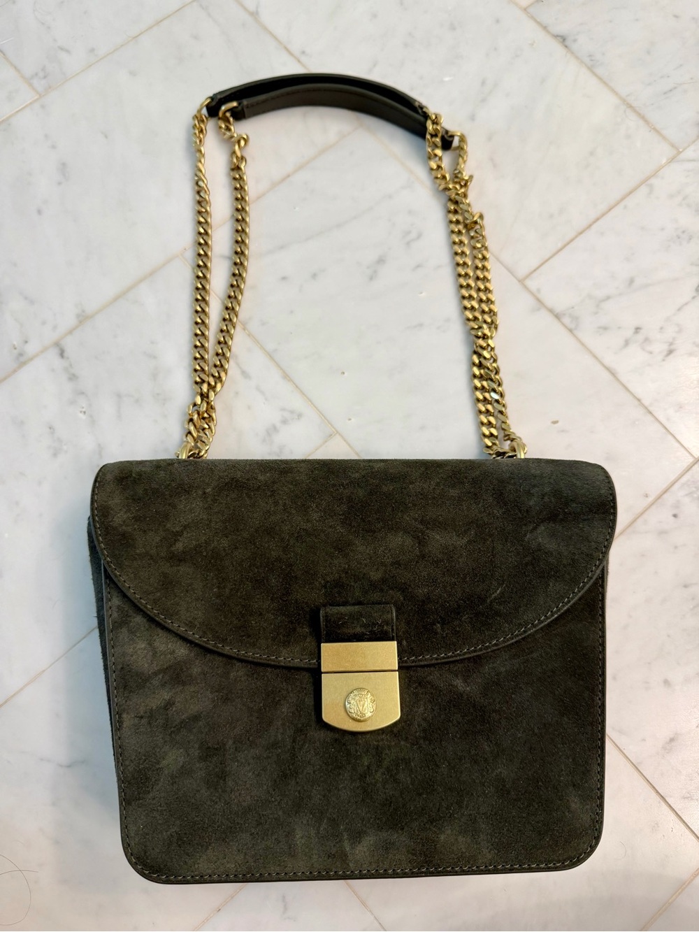 Veronica Beard Suede Pine Double Link Flap Bag